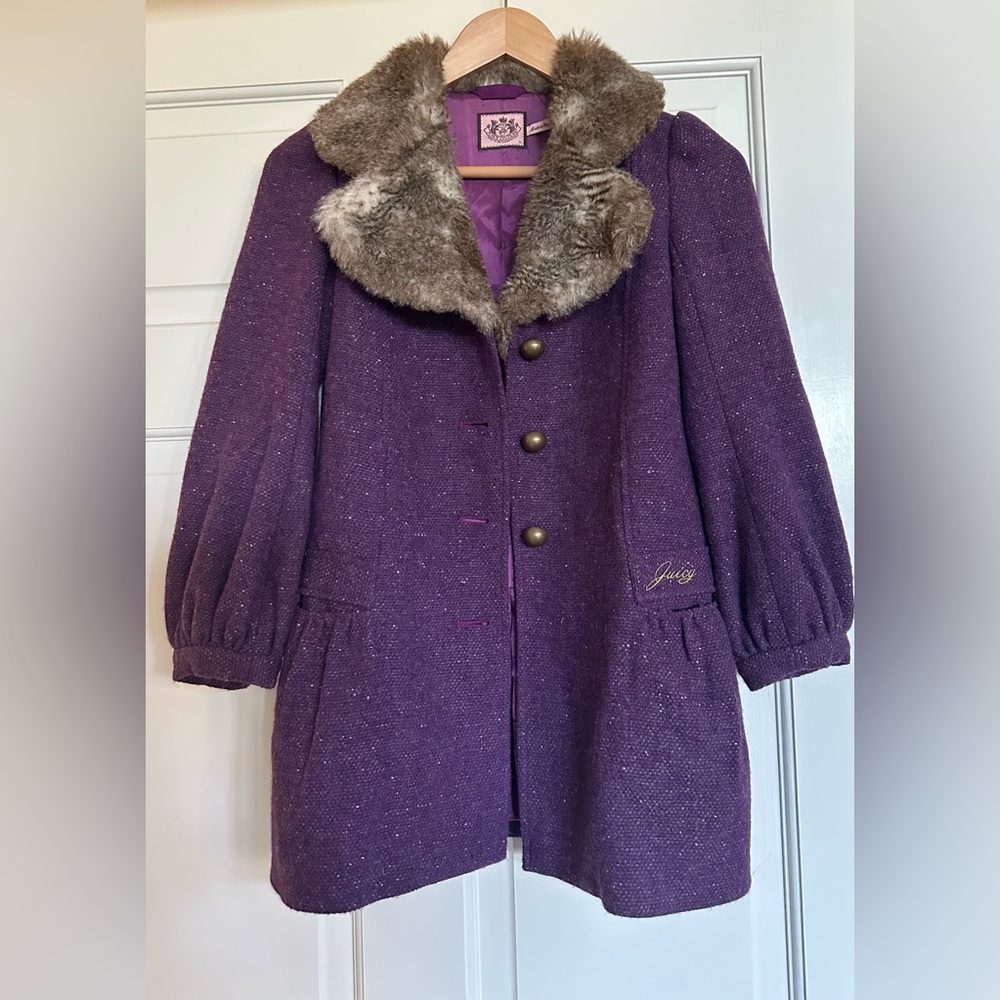 JUICY COUTURE Y2K Vintage Tweed Jacket Coat Faux Fur Collar purple  US 10/M
